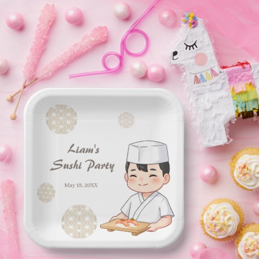Sushi Birthday Party Invitation with Cute Anime  Papieren Bordje (Feest)