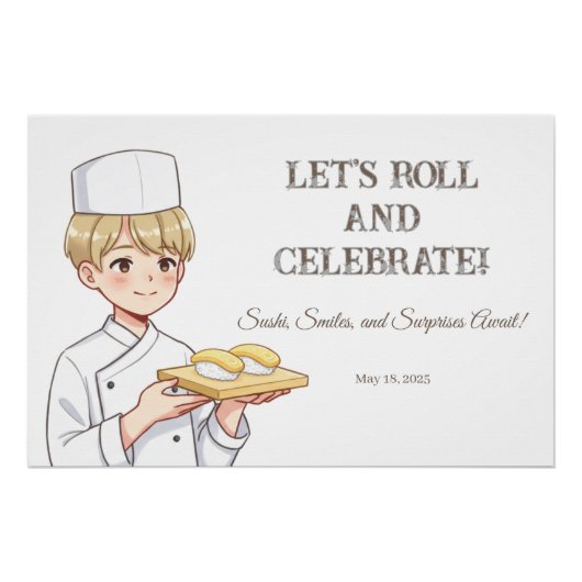 Sushi Birthday Party Invitation with Cute Anime Perfect Poster (Voorkant)