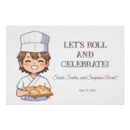 Sushi Birthday Party Invitation with Cute Anime  Perfect Poster