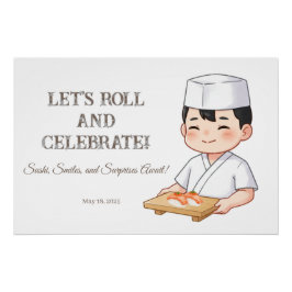 Sushi Birthday Party Invitation with Cute Anime  Perfect Poster