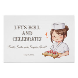 Sushi Birthday Party Invitation with Cute Anime  Perfect Poster