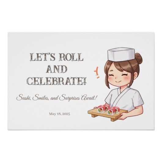 Sushi Birthday Party Invitation with Cute Anime  Perfect Poster (Voorkant)