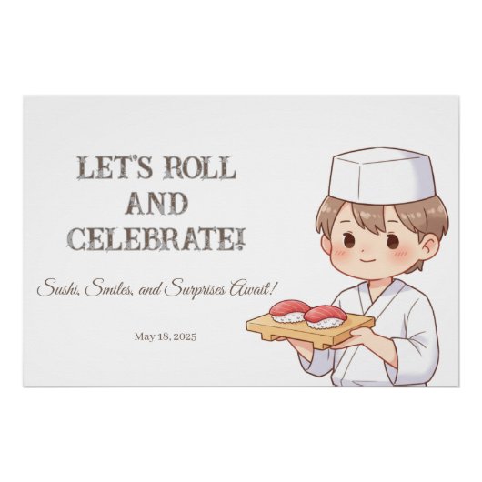 Sushi Birthday Party Invitation with Cute Anime  Perfect Poster (Voorkant)
