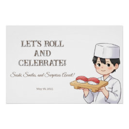 Sushi Birthday Party Invitation with Cute Anime  Perfect Poster