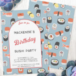 Sushi Birthday Party Kaart<br><div class="desc">Leuke en moderne Japanse sushi verjaardagsfeestuitnodiging. Rug heeft een bijpassend sushi patroon voor een extra hulp van verrukking. Pas de tekst aan uw feest aan. Originele kunst van Nic Squirrell</div>