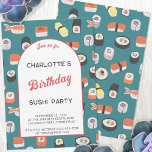 Sushi Birthday Party Kaart<br><div class="desc">Leuke en moderne Japanse sushi verjaardagsfeestuitnodiging. Rug heeft een bijpassend sushi patroon voor een extra hulp van verrukking. Pas de tekst aan uw feest aan. Originele kunst van Nic Squirrell</div>