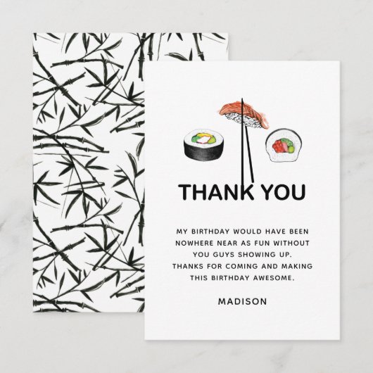 Sushi Birthday Party Modern Personalized Bedankkaart (Voorkant / Achterkant)