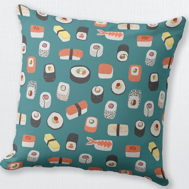 Sushi Blauwgroen Green Kussen (Japanese sushi nigiri maki roll teal food art throw pillow)