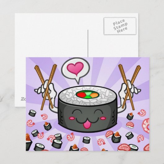 Sushi Cartoon Character Eating Lots of Shrimp Briefkaart (Voorkant / Achterkant)