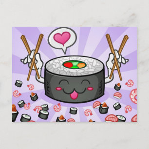 Sushi Cartoon Character Eating Lots of Shrimp Briefkaart
