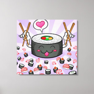 Sushi Cartoon Character Eating Lots of Shrimp Canvas Afdruk