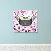Sushi Cartoon Character Eating Lots of Shrimp Canvas Afdruk (Insitu (Houten vloer))