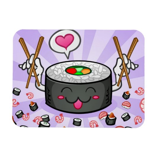 Sushi Cartoon Character Eating Lots of Shrimp Magneet (Horizontaal)