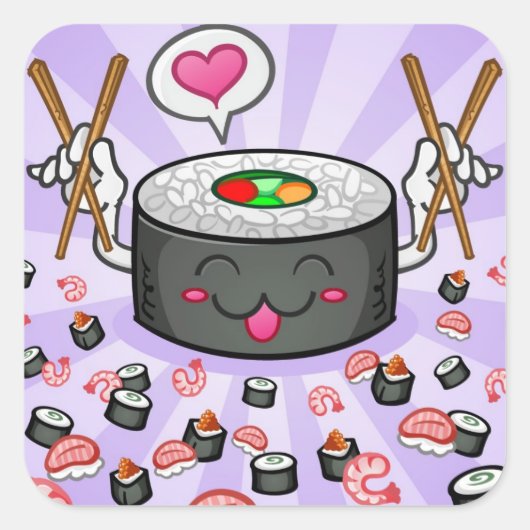 Sushi Cartoon Character Eating Lots of Shrimp Vierkante Sticker (Voorkant)