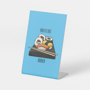 Sushi cartoon illustratie reclamebord met voetstuk