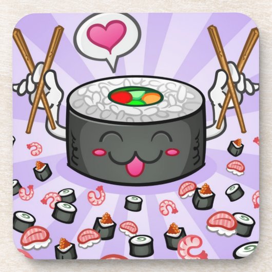 Sushi Cartoon Karton eet veel garnalen Drankjes Onderzetter (Voorkant)