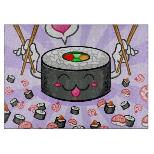 Sushi Cartoon Karton eet veel garnalen Snijplank (Voorkant)