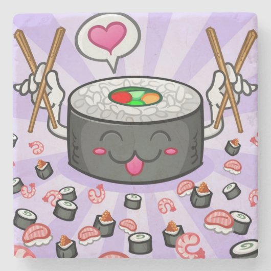 Sushi Cartoon Karton eet veel garnalen Stenen Onderzetter (Voorkant)