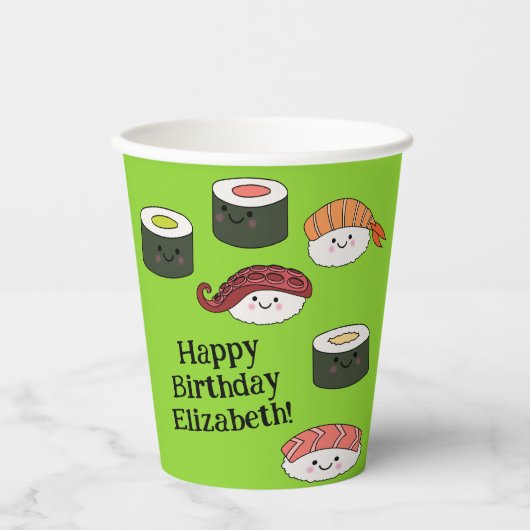 Sushi Cartoon Kawaii Schattige verjaardagsfeestje  Papieren Bekers (Voorkant)