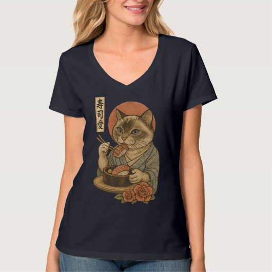 Sushi Cat – Elegant Japanese Style Cat Eating Sush T-shirt (Voorkant)