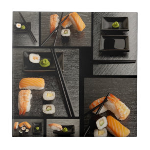 Sushi-collectie op zwarte achtergrond tegeltje