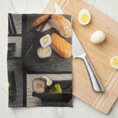 Sushi-collectie op zwarte achtergrond theedoek (Quarter Fold)