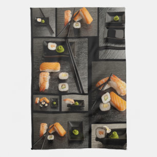 Sushi-collectie op zwarte achtergrond theedoek
