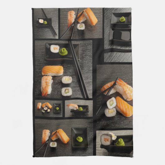 Sushi-collectie op zwarte achtergrond theedoek (Verticaal)