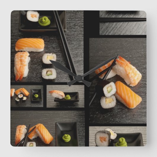 Sushi-collectie op zwarte achtergrond vierkante klok (Voorkant)