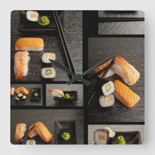 Sushi-collectie op zwarte achtergrond vierkante klok