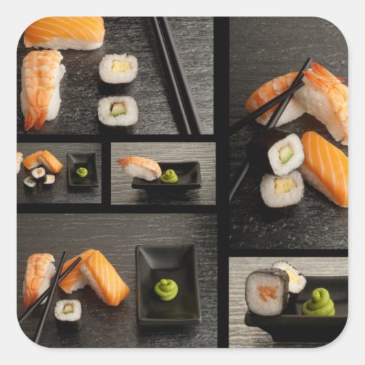 Sushi-collectie op zwarte achtergrond vierkante sticker (Voorkant)
