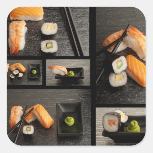 Sushi-collectie op zwarte achtergrond vierkante sticker