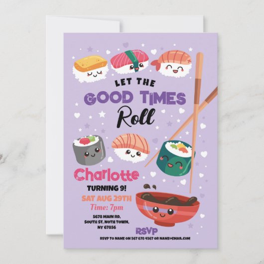 Sushi Dinner Meisjes Japans Verjaardagsfeest Paars Kaart (Voorkant)