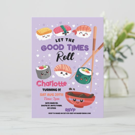 Sushi Dinner Meisjes Japans Verjaardagsfeest Paars Kaart (Staand voorkant)