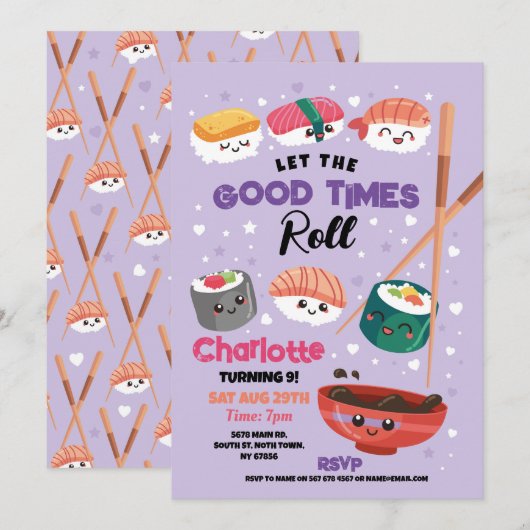 Sushi Dinner Meisjes Japans Verjaardagsfeest Paars Kaart (Voorkant / Achterkant)