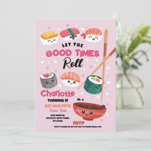 Sushi Dinner Roze Meisjes Japans Verjaardagsfeest Kaart (Staand voorkant)