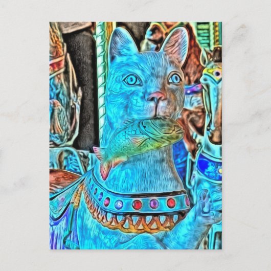 Sushi een kat met een vis op een Merry Go Round Briefkaart (Voorkant)