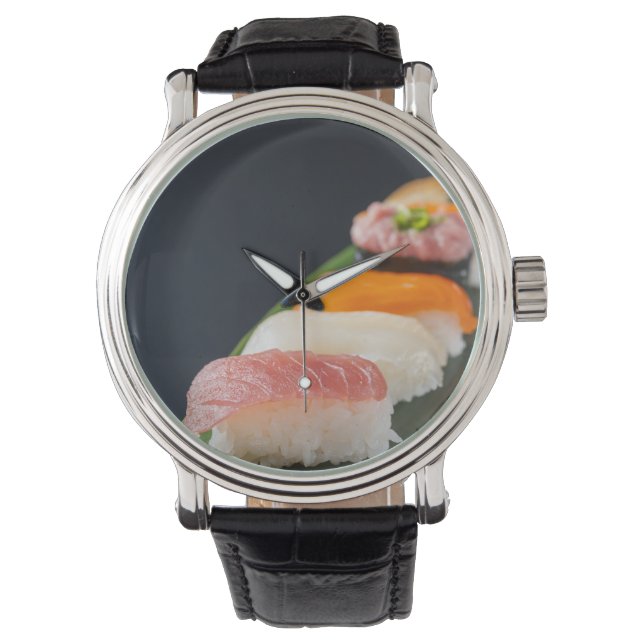 Sushi Elegance Watch – Classic Black & Leaf Horloge (Voorkant)
