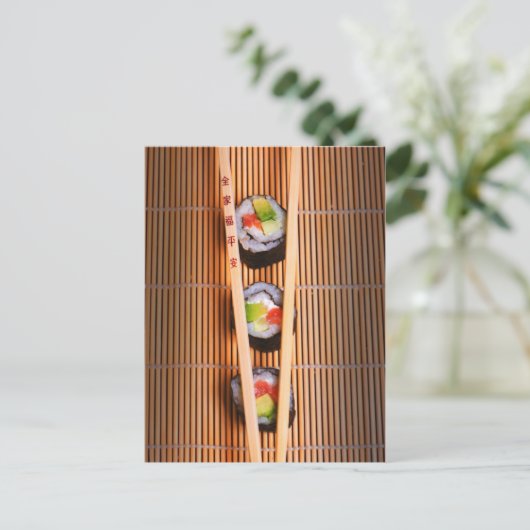 Sushi en houten stokjes briefkaart (Staand voorkant)