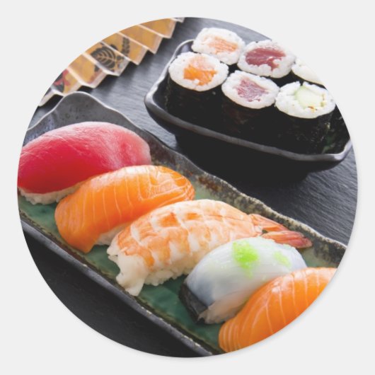 Sushi en rollen ronde sticker (Voorkant)