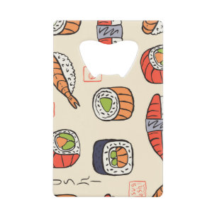 Sushi eten, naadloos patroon ontwerp. creditkaart flessenopener