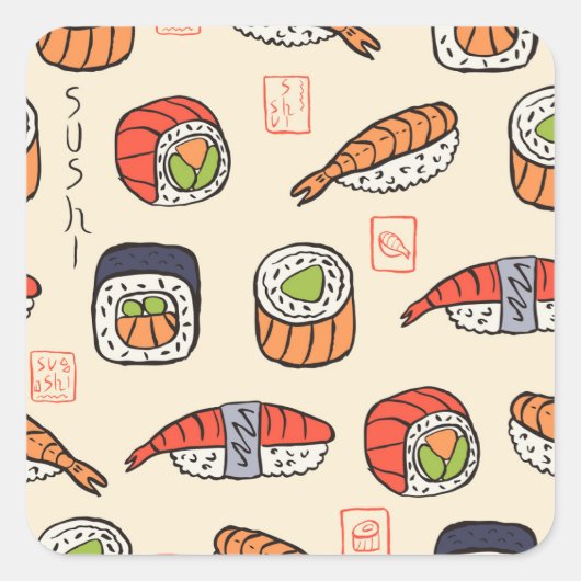 Sushi eten, naadloos patroon ontwerp. vierkante sticker (Voorkant)