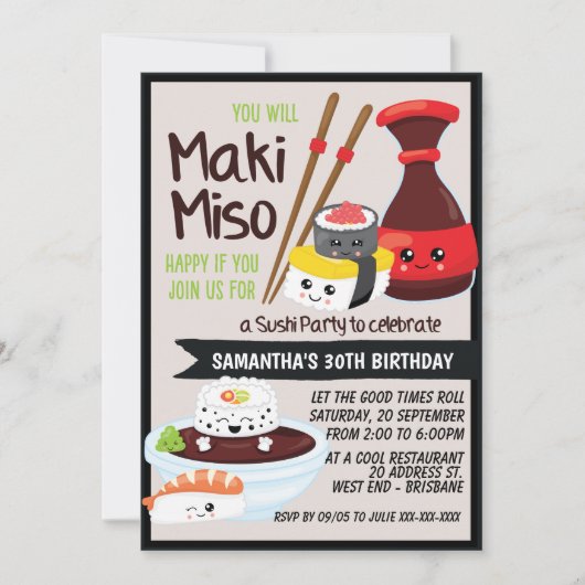 Sushi Feest Kawaii Uitnodiging (Voorkant)