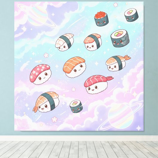 Sushi Flying in Pastel Galaxy Sky Canvas Afdruk (Insitu (Houten vloer))