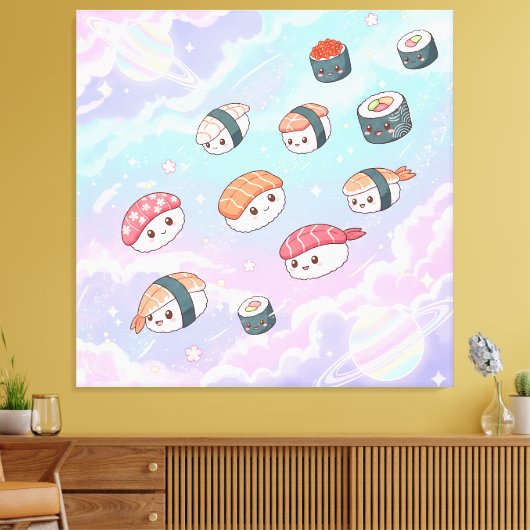 Sushi Flying in Pastel Galaxy Sky Canvas Afdruk (Insitu (Woonkamer))