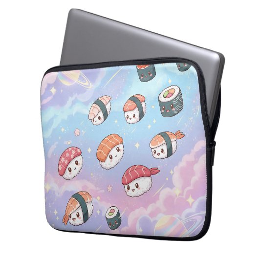 Sushi Flying in Pastel Galaxy Sky Laptop Sleeve (Voorkant Links)