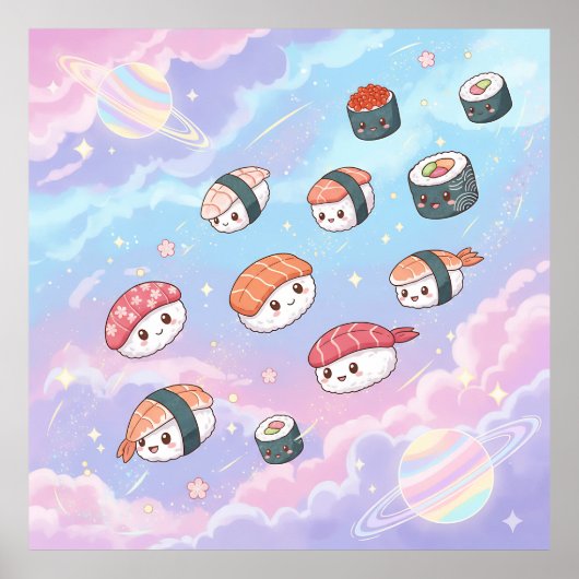 Sushi Flying in Pastel Galaxy Sky Poster (Voorkant)