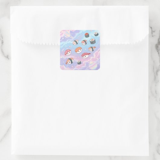 Sushi Flying in Pastel Galaxy Sky Vierkante Sticker (Tas)