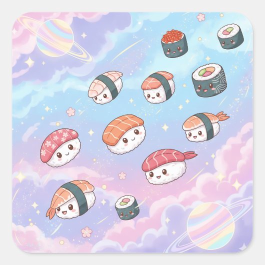 Sushi Flying in Pastel Galaxy Sky Vierkante Sticker (Voorkant)