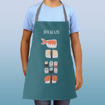Sushi Fun gepersonaliseerd Schort<br><div class="desc">Schattigee Japanse sushi food art op een diepgroene achtergrond. Originele kunst van Nic Squirrell. Wijzig of verwijder de naam om deze te personaliseren.</div>